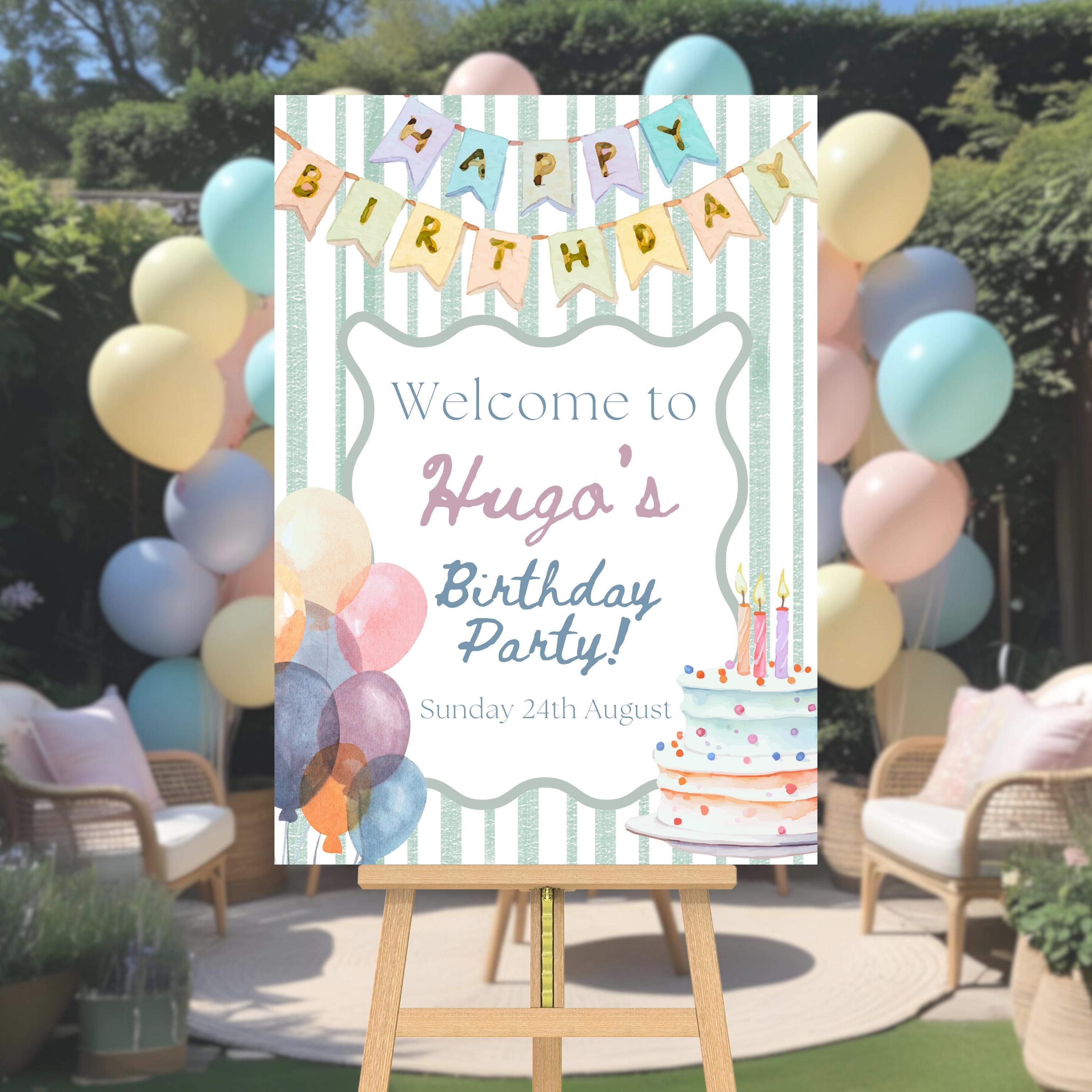 Editable Birthday Welcome Sign: Pastel Cake & Balloons (printable ...