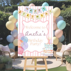 Pink Stripe Birthday Welcome Sign | Editable Girls Party Sign | Vintage Traditional Pastel Balloons & Cake | Instant Download Canva Template