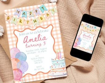 Orange Gingham Birthday Invitation: Vintage Pastel Party (Canva Template - Digital Download