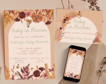 Fall Baby Shower Invitation: Boho Floral, Editable Template (Digital)