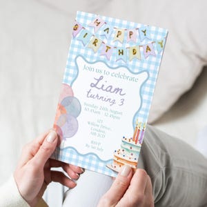 May include: A birthday invitation with a blue and white gingham pattern. The invitation reads "Join us to celebrate Liam turning 3". It features a watercolor illustration of a cake, balloons, and a "Happy Birthday" banner.