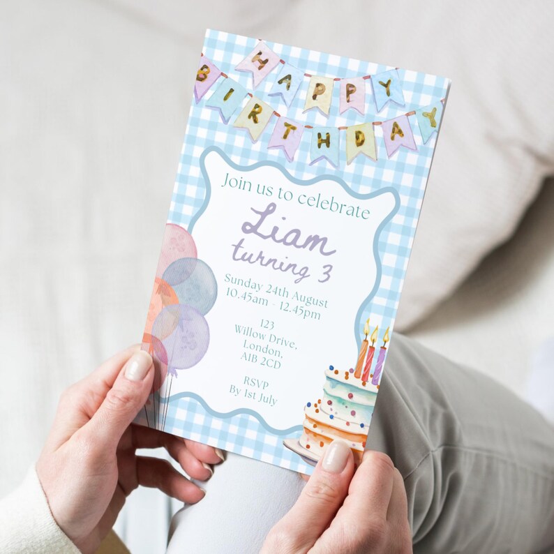 May include: A birthday invitation with a blue and white gingham pattern. The invitation reads "Join us to celebrate Liam turning 3". It features a watercolor illustration of a cake, balloons, and a "Happy Birthday" banner.