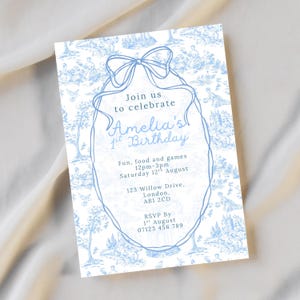 Toile de Jouy Blue Birthday Invitation, Chinoiserie Editable Birthday Template, Blue Vintage Printable Party Invite, Instant Canva Download