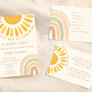 Editable Sunshine Baby Shower Invitation Set, A Little Ray of Sunshine Baby Shower Invite, Gender Neutral Baby Shower, Boho Sunshine Shower