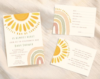 Puede incluir: Una invitación a una fiesta de bienvenida al bebé con un sol amarillo y un diseño de arcoíris. El texto dice "A Little Ray of Sunshine is Almost Here! Join us to Celebrate our Baby Shower".