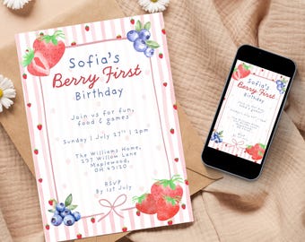 Puede incluir: Una invitación de cumpleaños con el texto "Sofia's Berry First Birthday" en rojo y azul. La invitación presenta ilustraciones de acuarela de fresas y arándanos, con un fondo a rayas rosas y blancas. Un smartphone muestra el mismo diseño.