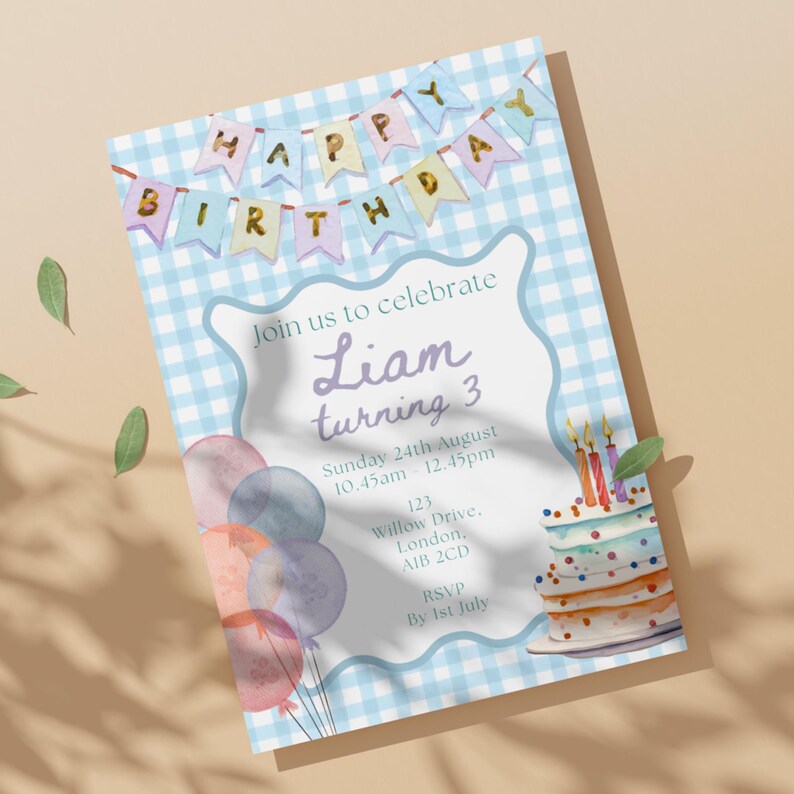 May include: A birthday invitation with a blue and white gingham pattern. The invitation includes the words "Happy Birthday" on a banner, the name "Liam" and the age "3". There is also a cake and balloons illustrated on the invitation.