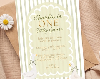May include: A birthday invitation with a green and white striped background. The text reads "Charlie is ONE Silly Goose." Includes details for a party with the date, time, and location. Two cartoon geese are at the bottom.