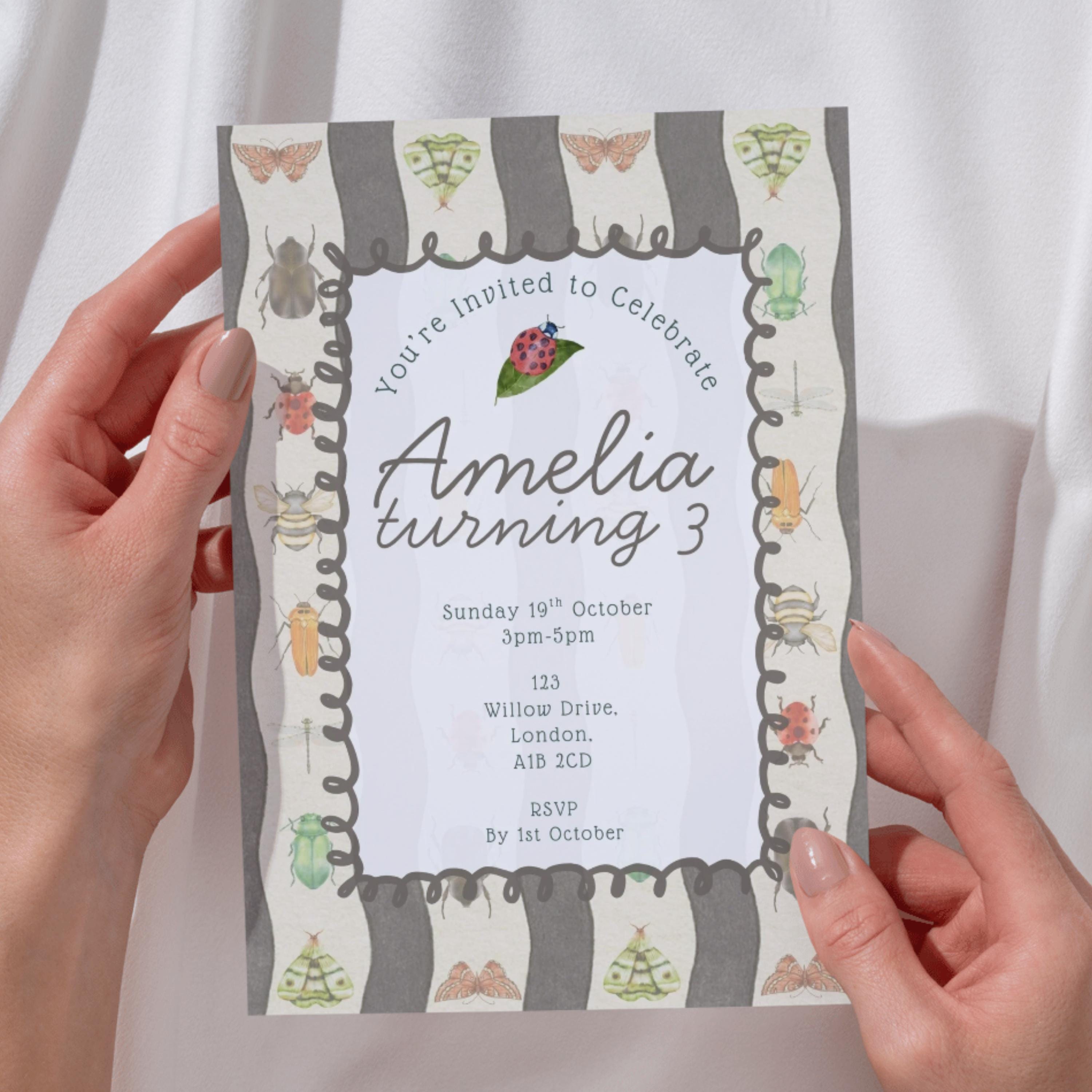 Editable Woodland Bug Invite | Watercolor Insect Birthday Invitation ...