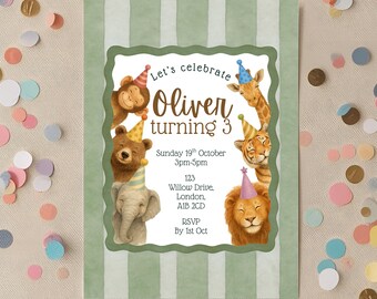 May include: A birthday invitation with a green and white striped background. The invitation features illustrations of animals wearing party hats. Text reads "Let's celebrate Oliver turning 3" with event details.