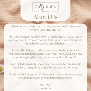 May include: Cream-colored card with the text "Tilly & Lou Designs" and "About Us". The text describes the business's origin and mission to create digital designs for celebrations, such as birthdays and baby showers.