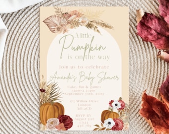 Little Pumpkin Baby Shower Invitation Template, Fall Baby Shower Invite, Gender Neutral Fall Invitation, Little Pumpkin Floral Invitation