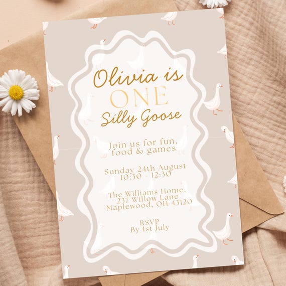 One Silly Goose Invite, 1st Birthday Invitation (Editable Canva Template, 5x7", Digital Download)