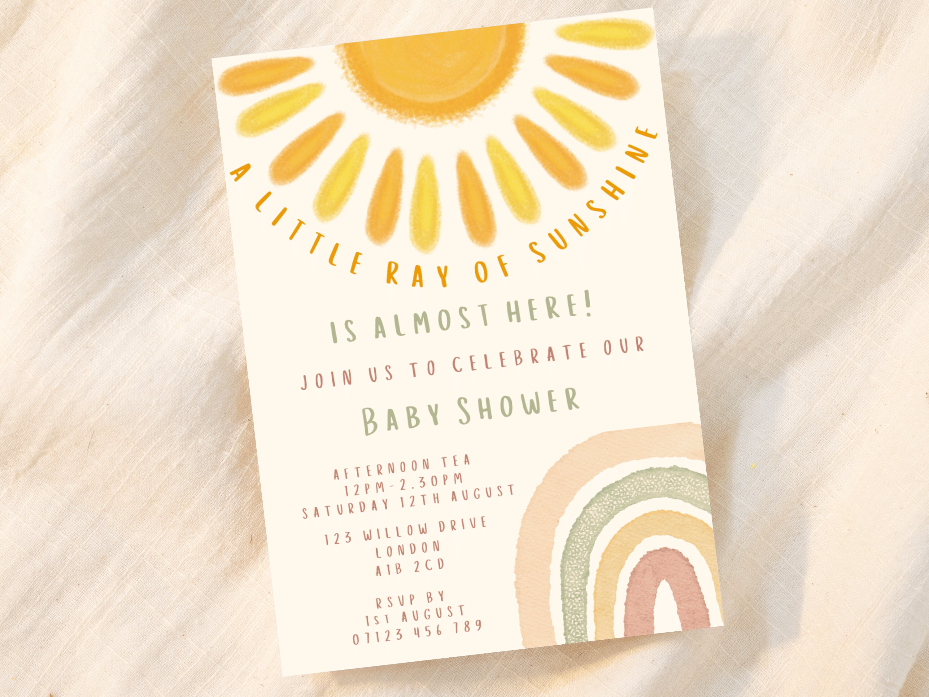 Editable Sunshine Baby Shower Invitation Set, A Little Ray of Sunshine