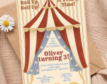 May include: A birthday party invitation with a circus tent design. The invitation includes the text "Roll Up, Roll Up!" and "It's Party Time!" The invitation is for Oliver's 3rd birthday, with event details and RSVP information.