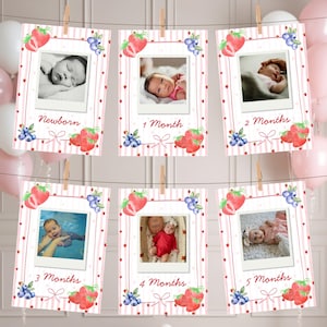 Berry First Birthday | 12 Month Banner | Pink Milestone Photo Display | Strawberry Decor | 1st Birthday Girl Decor | Editable Canva Template