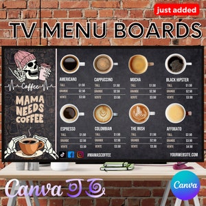 Paquete de MENÚ DE CAFÉ - Descarga digital. Listo para ti, totalmente editable. Menú digital para TV. Edición con arrastrar y soltar. Fotos y archivos en HD.