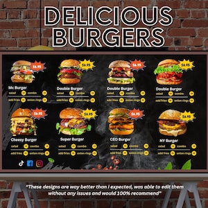 KIT DE DISEÑO DE MENÚ - Menú de hamburguesas - Plantilla - Listo para usar - Totalmente editable - Ltd - Tablero de menú de restaurante para TV.