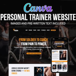 May include: A website template for a personal trainer, featuring the Canva logo. The design includes a desktop and mobile view, showcasing images and pre-written text. The website's theme focuses on fitness and transformation, with the text "FROM SOLDIER TO COACH. FROM PAIN TO POWER."