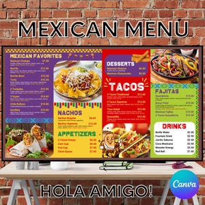 Könnte beinhalten: Eine digitale Menütafel mit einem "Mexican Menu" mit verschiedenen Essenskategorien wie Mexican Favorites, Desserts, Tacos, Fajitas und Drinks. Die Speisekarte enthält Bilder der Gerichte und Preise. Der Satz "Hola Amigo!" steht unten.