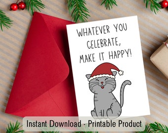 PRINTABLE Holiday greeting card, INSTANT DOWNLOAD holiday cat greeting card
