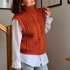 Cropped wool sweater vest, Knit vest for women, Handmade oversized vest, Sleeveless pullover top, Minimalist wool knitwear