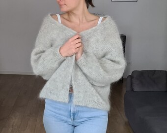 Oversized cardigan. Fluffy alpaca woman cardigan. Cropped women alpaca cardigan. Handknit alpaca sweater. Alpaca cardigan