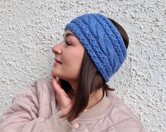 Blue and Cream Knitted Headband Stay Warm & Stylish with Aran Cable Knit Headband – Heritage  main image 3