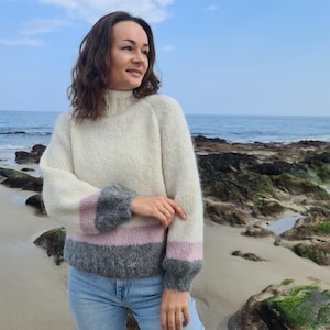 Hand knit alpaca pullover, Balloon sleeve striped sweater, Oversized knit jumper, Fluffy wool knitwear, Women’s winter sweater