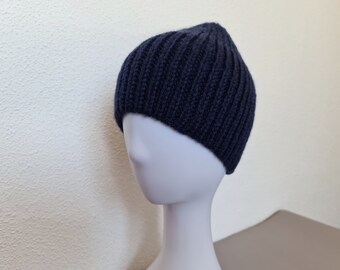 Hand-Knitted Wool Hat for Men - Navy Blue Winter Beanie - Dad Gift Idea