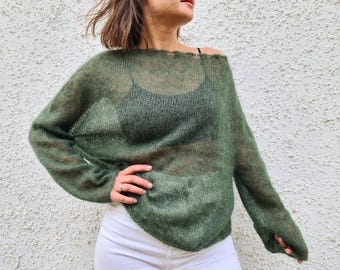 Hand-Knitted Mohair Sweater: Lightweight Lace Knit Pullover