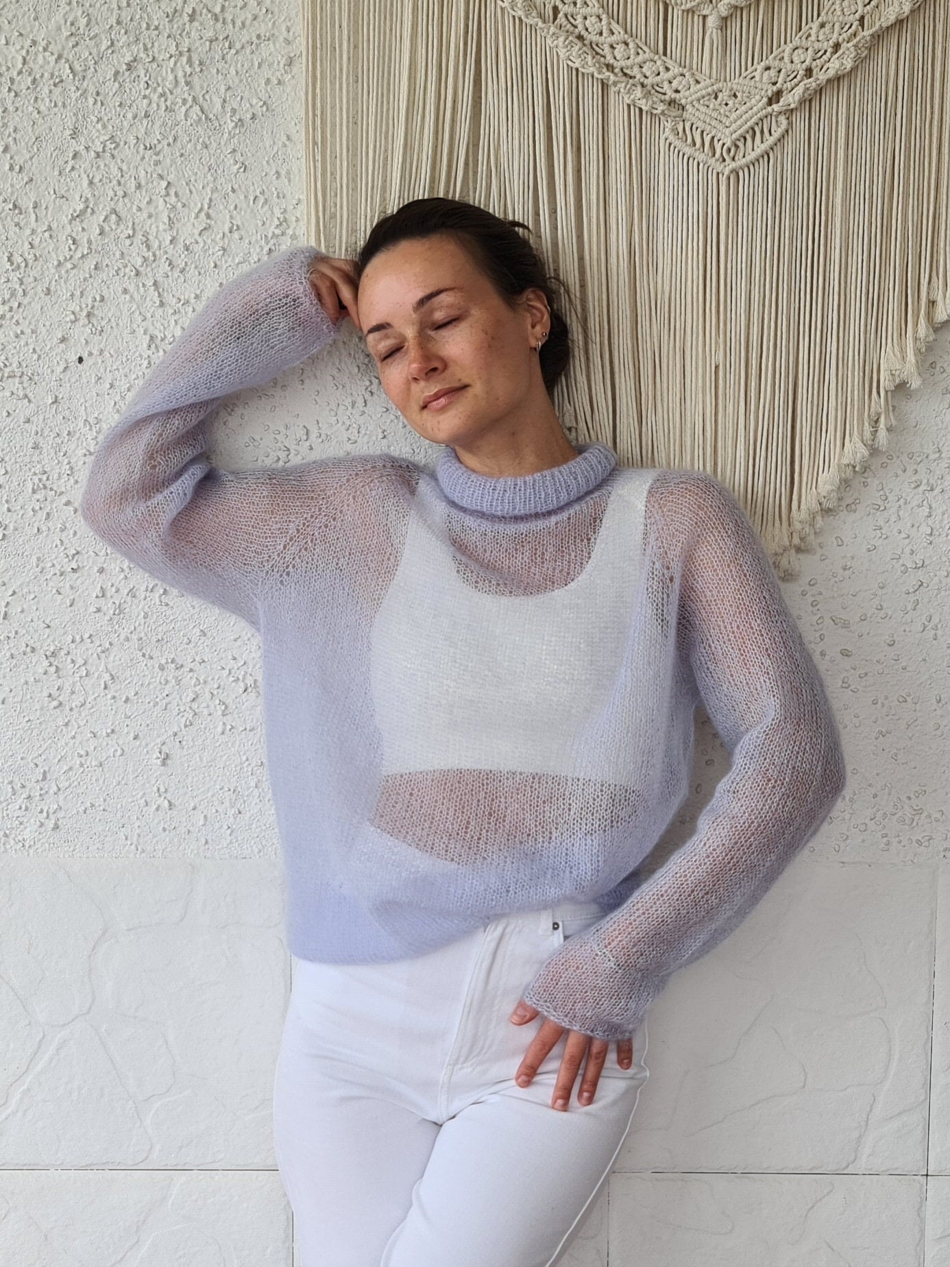 Loose Slouchy One-shoulder Mohair Sweater Knitted Crop Top Crop 