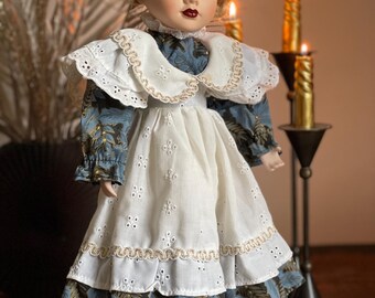 Poupée Porcelaine Vintage 40cm Châtain Robe Fleurie Bleue Cottage #A - Jeux & Jouets