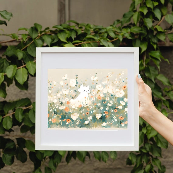 Cute Cat Prints Flower Field Print Green Field Print Cat