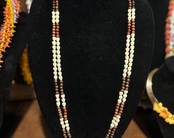 2-strand brown and pink wood beads and pikake necklace