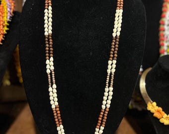 2-strand gray,brown and pink wood beads and pikake necklace