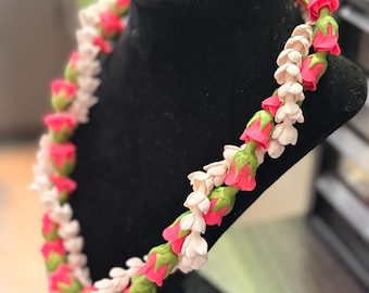 Two-Strand Pikake and pink Lokelani choker length necklace
