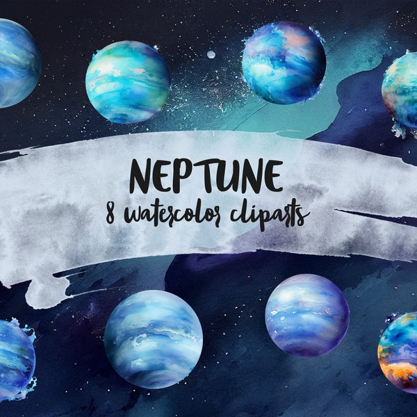 Neptune Watercolor Clipart Bundle - High-Resolution Solar System Illustrations for Educational and Commercial Use, Instant Download