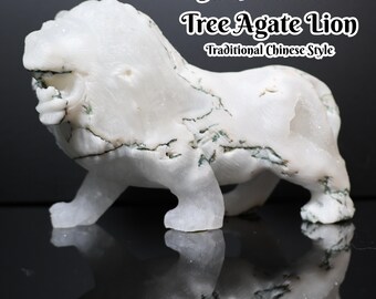 Handgesneden boomagaat leeuw|Traditionele Chinese stijl|Leeuw|Witte agaat|Druzy|Geode