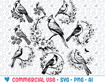 12 Floral Cardinal Bird SVG Bundle,Cardinal Bird Silhouette,PNG,Vector,Commercial Use,Transparent Background,svg files,for cricut,stencil