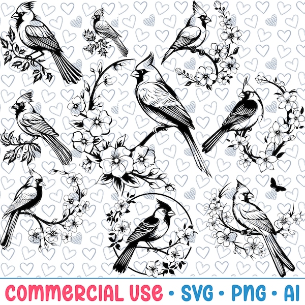 12 Floral Cardinal Bird SVG Bundle,Cardinal Bird Silhouette,PNG,Vector,Commercial Use,Transparent Background,svg files,for cricut,stencil