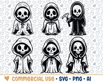 6 Cute Grim Reapers SVG Bundle, Grim Reaper Silhouette, PNG,Vector, Commercial Use,Transparent Background,svg files,svg bundle,for cricut