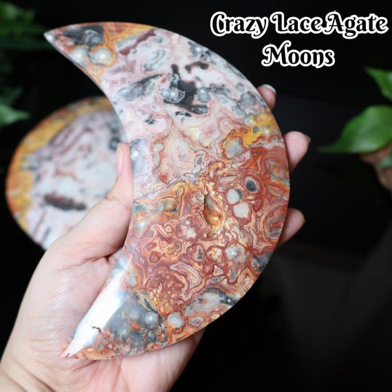 Large Crazy Lace Agate Moons|Banded Agate|CrystalGifts for Her|Witch gifts|boho|home decor
