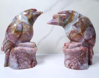 Roze oceaanjaspis vogelsnijwerk: decor druzy agaatkristal