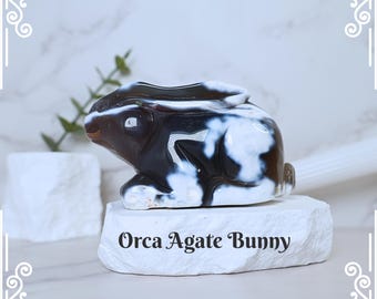 Orca-agaat konijn snijwerk: kristallen dierendecoratie, 3,6"