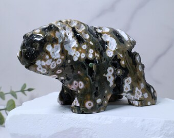 Gesneden oceaanjaspis beer: druzy kristallen dierendecor, 4"