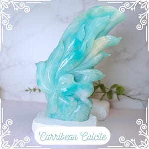 Hand Carved 7&quot; Caribbean Calcite Fox Nine Tails|Crystal Decoration|Gifts for Her|crystal animal|home decor|Fox Carving|Kitsune|Unique