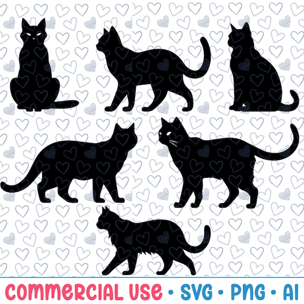 6 Black Cat SVG Bundle, Cat Silhouette, PNG,Vector, Commercial Use,Transparent Background,svg files,svg bundle,for cricut