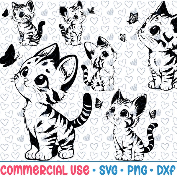 6 Schmetterling Katze SVG Bündel|Katzen Silhouette|PNG DXF|Vektorgrafik|Kommerzielle Nutzung|Transparenter Hintergrund, SVG-Dateien|Svg Bündel|schwarze Katze svg