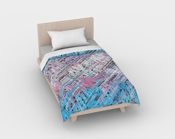 Grungy Trippy Funky Abstract Digital Trans Pride Flag Cotton Satteen Duvet Cover, Twin, Full, Queen, or King size